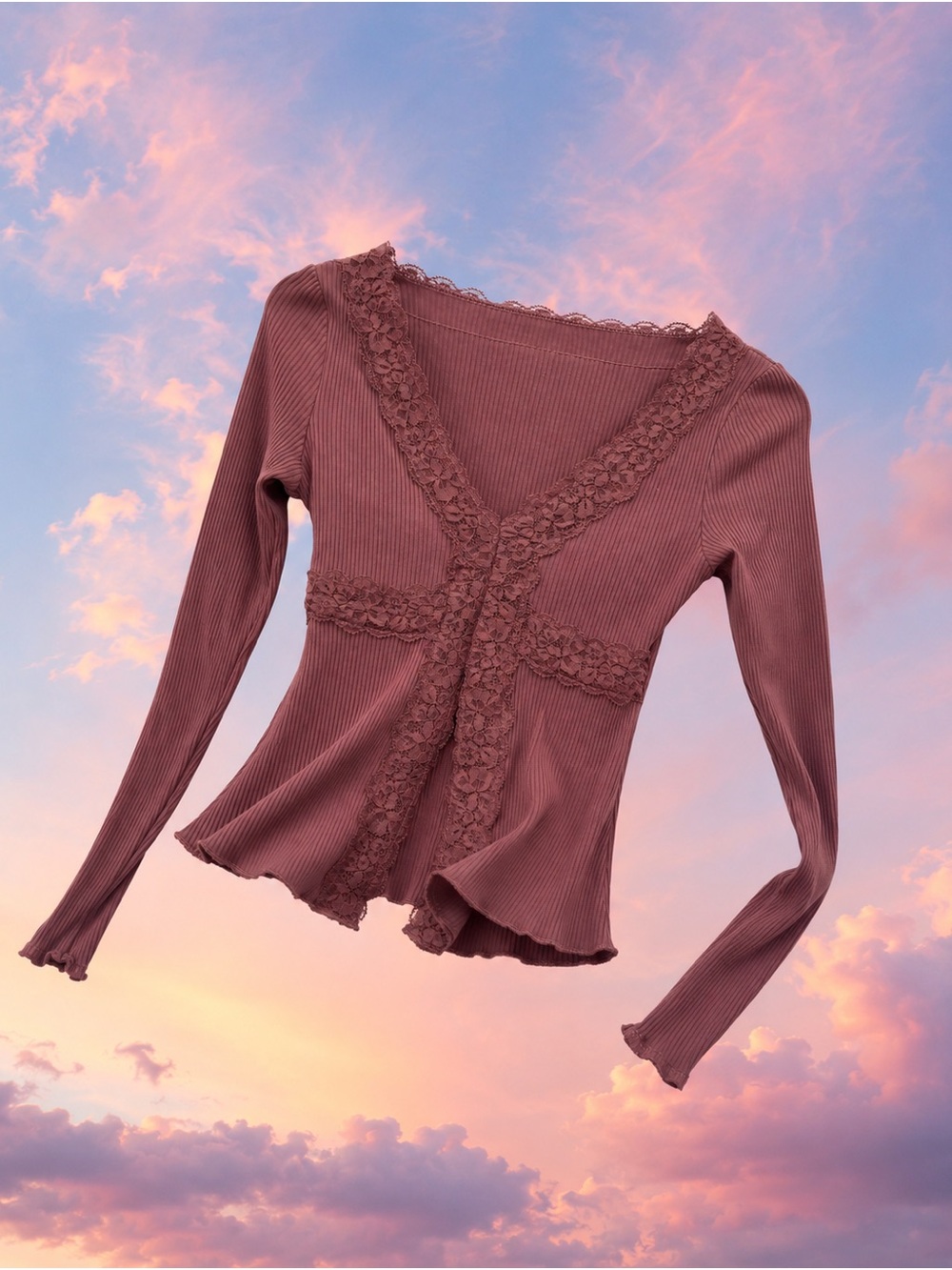 Lace-Trim Ribbed V-Neck Top